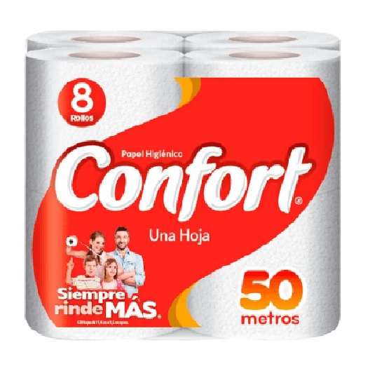 Papel Higiénico Confort Hoja Simple 8 Rollos 50 m