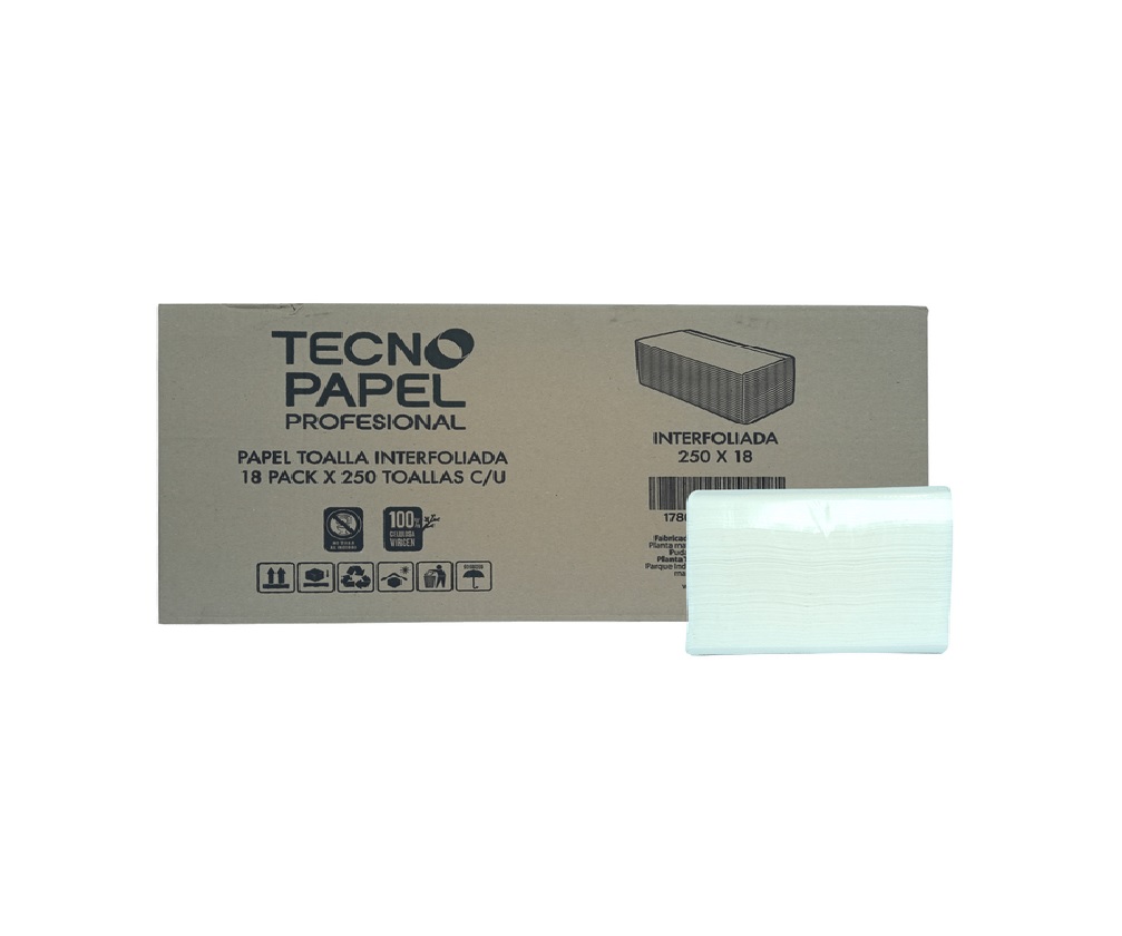 TOALLA DE PAPEL TECNOROLL INTERFOLIADA HOJA SIMPLE 18 PAQUETES DE 250 UNIDADES