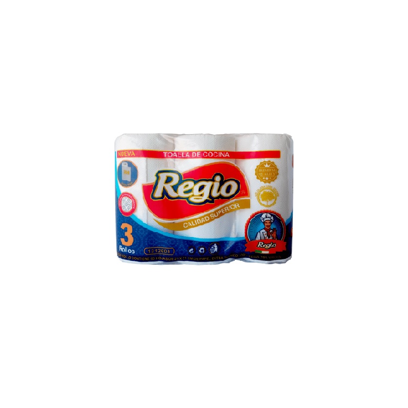 Toalla de Papel Regio 3 Rollos 12.6 m Doble Hoja