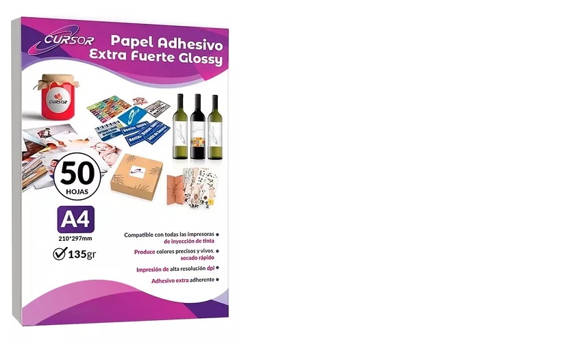 PAPEL ADHESIVO EXTRAFUERTE GLOSSY BRILLANTE A4 135G -50HOJAS