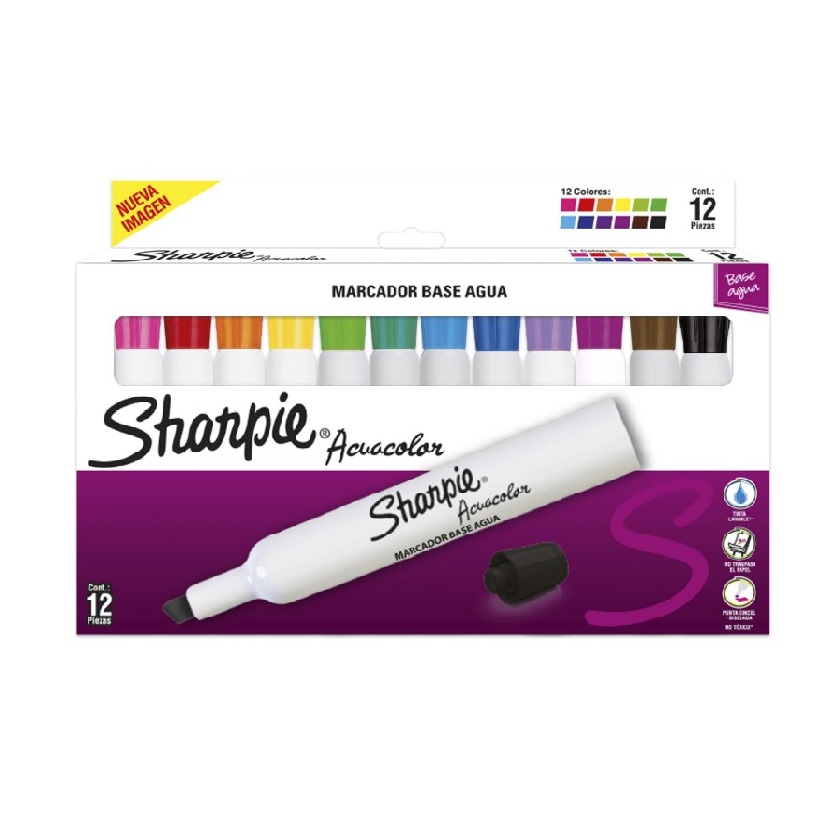 Marcador Sharpie Base de Agua Acuacolor Caja de 12 Colores Surtidos