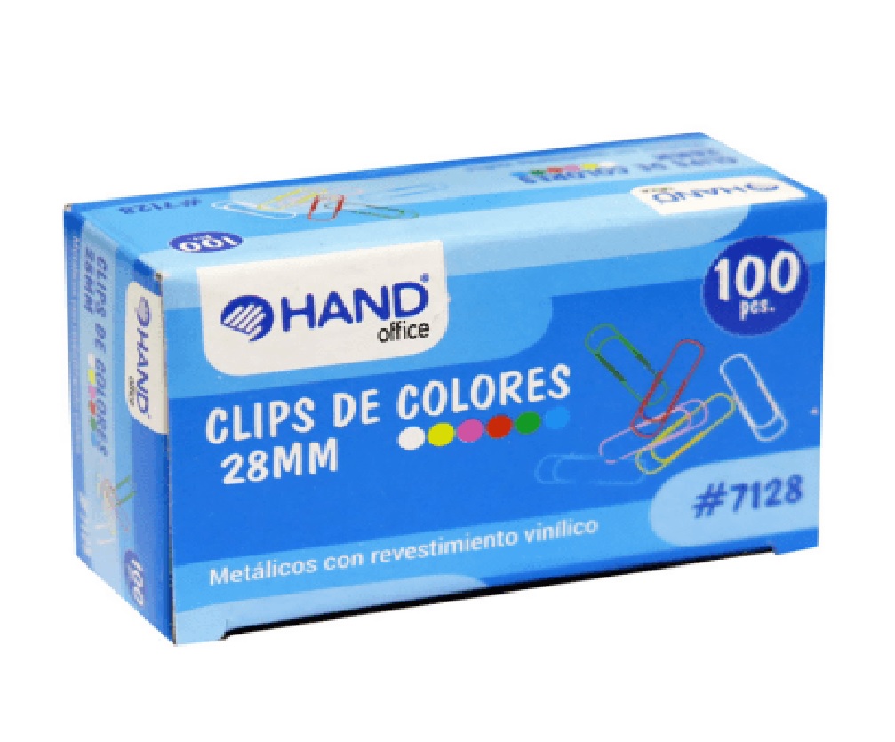 CLIP PLASTICO HAND COLORES 28 MM CAJA DE 100 UNIDADES