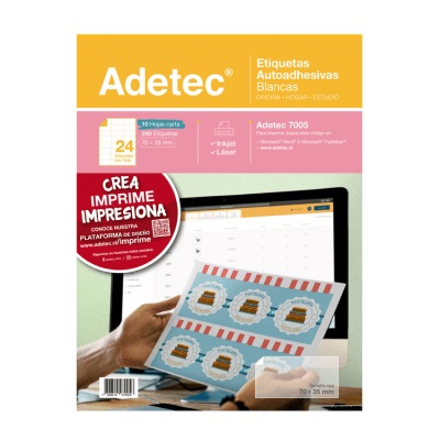Etiqueta Ink/Láser Autoadhesiva Adetec 24 Por Hoja 70x35 mm 10 Unidades