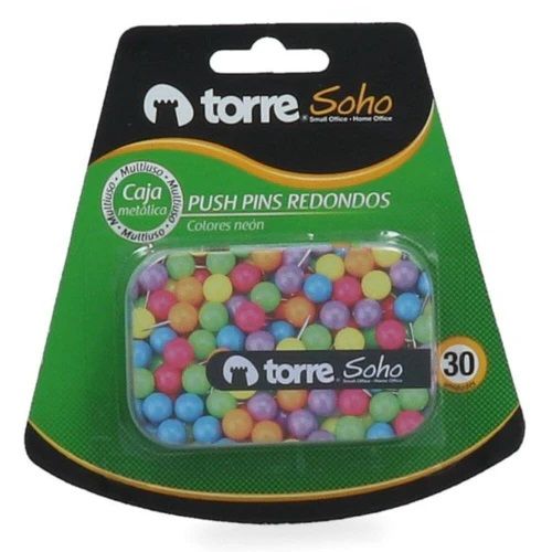 CHINCHE PUSH PIN REDONDO COLORES NEON CAJA METÁLICA 30 UN