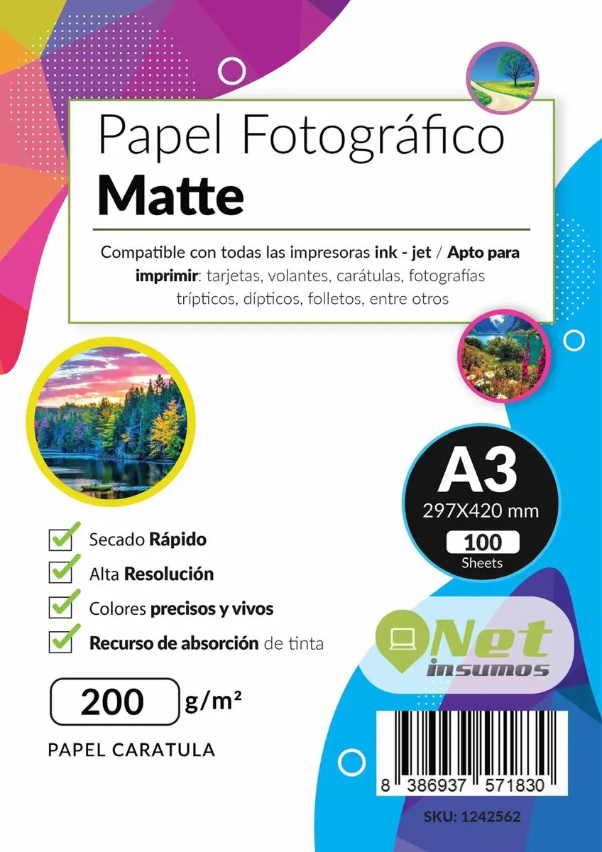 PAPEL FOTOGRAFICO MATTE 100 HOJAS TAMANO A3 200 GR